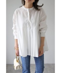 Bonjour Sagan ブラウス シャツ プリーツ切替バンドカラーシャツ レディース